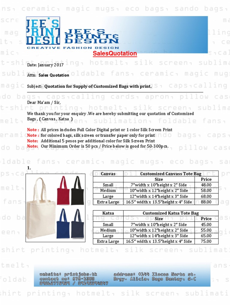 Bags Quotation 2017 PDF Money Business