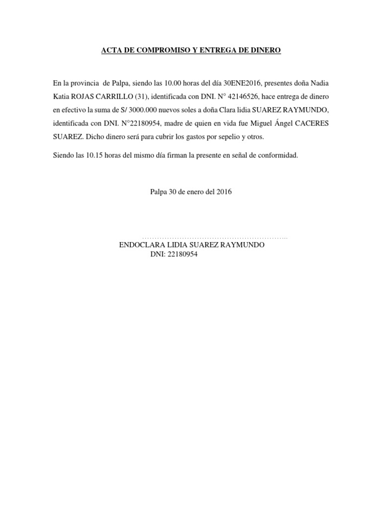 Acta de Compromiso y Entrega de Dinero | PDF