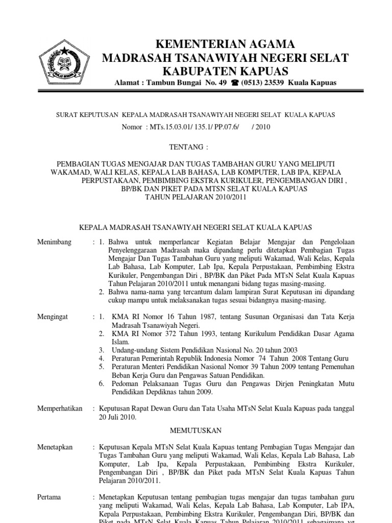 Contoh Surat Tugas Tambahan Wali Kelas Surat Lamaran