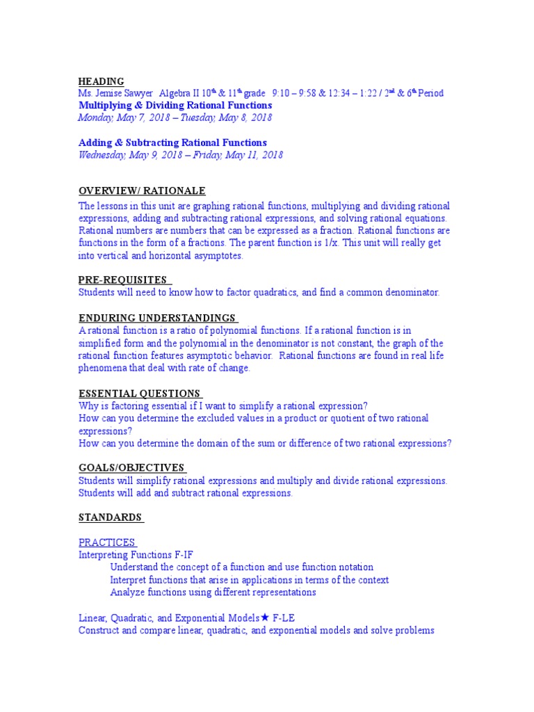Rational Functions Lesson Plan | PDF | Fraction (Mathematics) | Polynomial