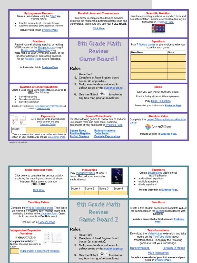 8Th Grade Math Review Game Board | Pdf | Equations | Fraction (Mathematics)