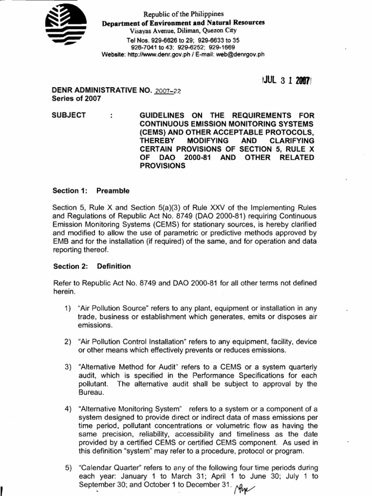 DAO 200722 Guidelines on the Requirements for Continuous Emission