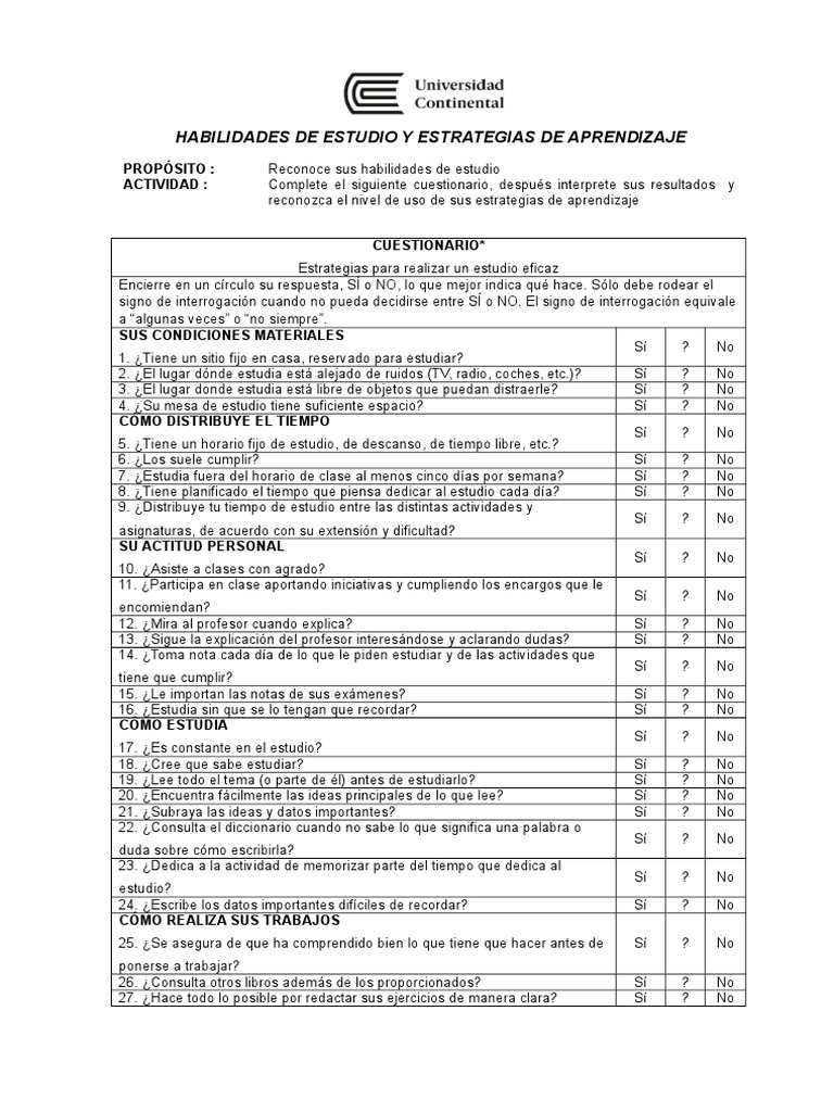 Test de Habilidades y Estrategias de Estudio | PDF | Prueba (evaluación ...