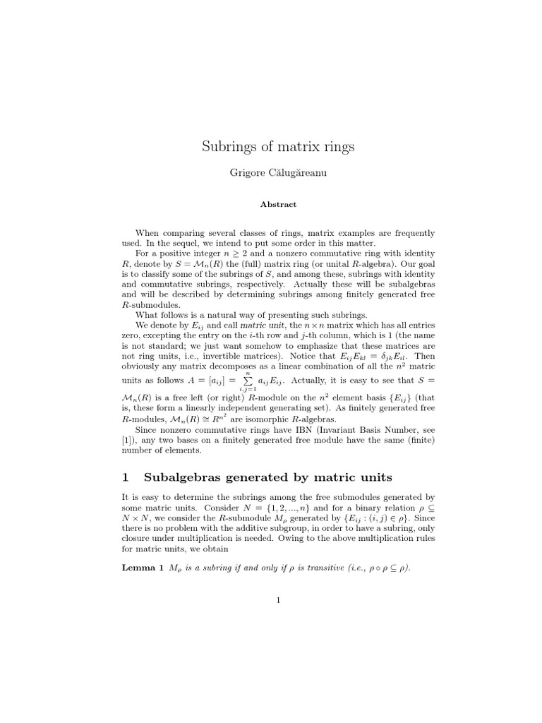 Subrings of Matrix Rings: 1 Subalgebras Generated by Matric Units | PDF ...