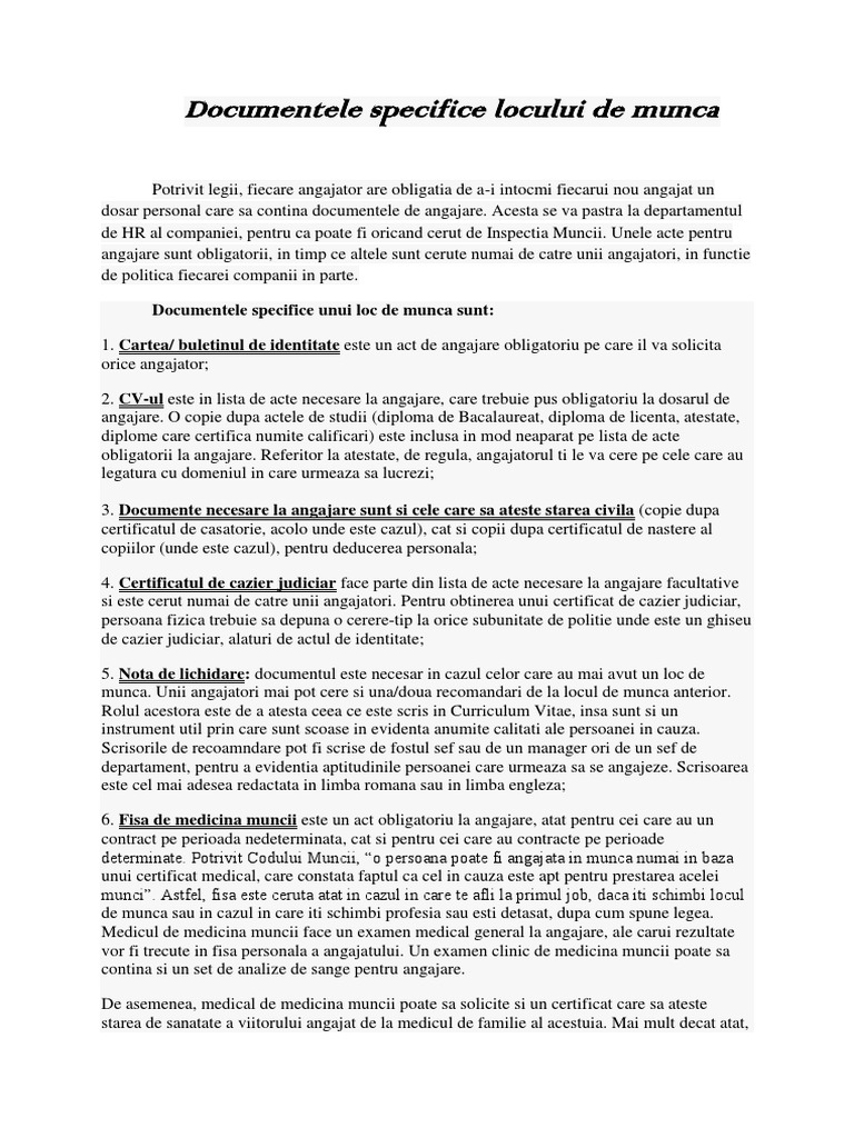 Documentele Specifice Locului De Munca