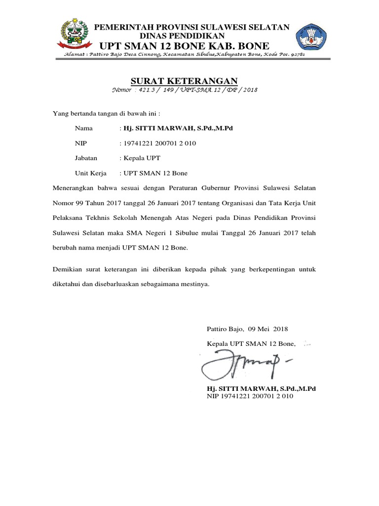 Surat Ket Perubahan Nama Sekolah