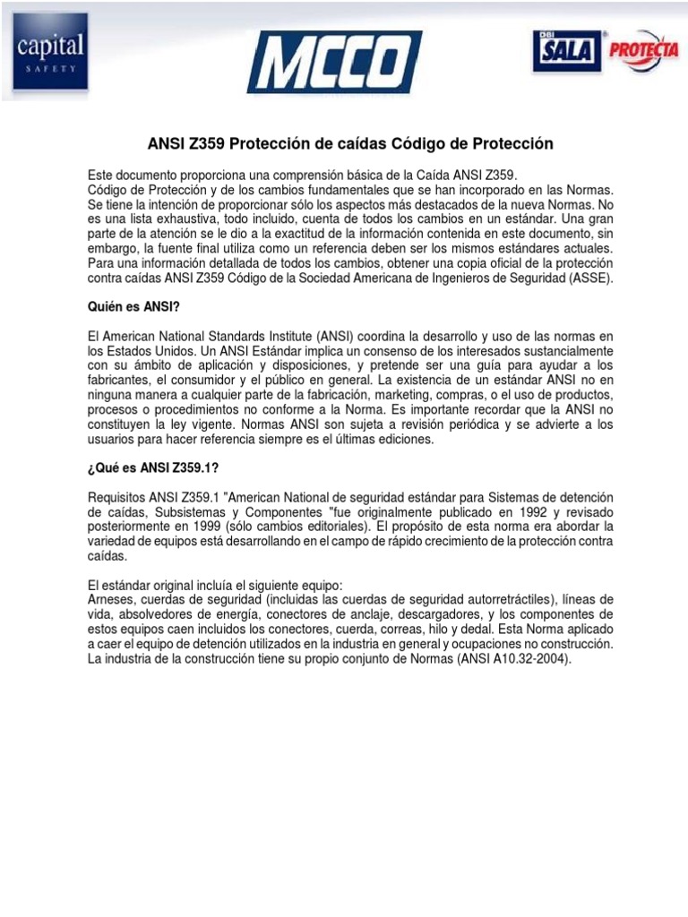 Normas ANSI Z359 sobre Protección de Caídas | PDF | Cuerda | Ingeniería
