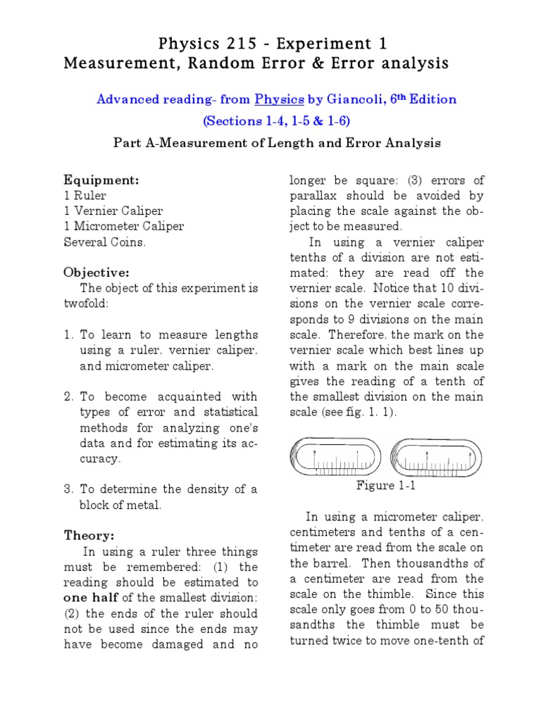 Physics 215 - Experiment 1 Measurement, Random Error & Error Analysis ...