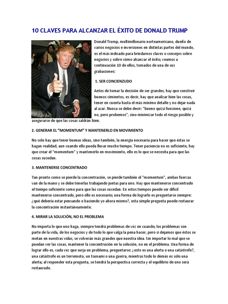 Pagar tributo Aislar Paraíso 10 Claves para Alcanzar El Exito de Donald Trump PDF | PDF | Negociación |  Science