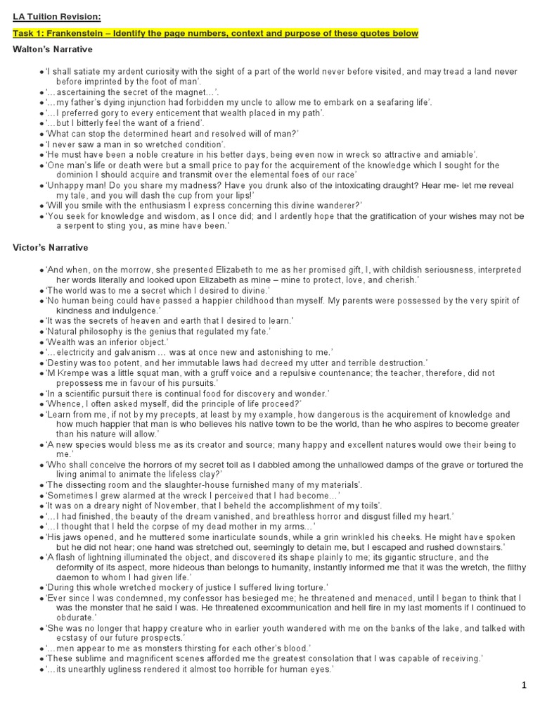 Key Quotes from Frankenstein with Context | PDF | Frankenstein | Gothic ...