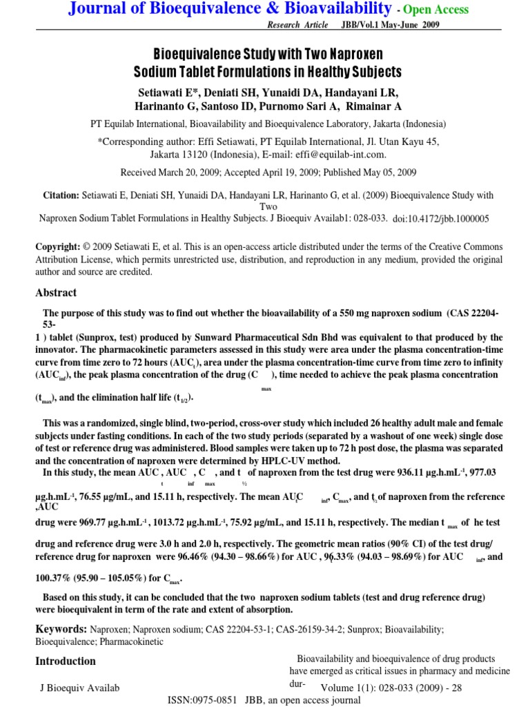Bioequivalence Study With Two Naproxen Sodium Tablet Formulations in
