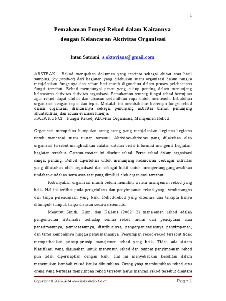 Pemahaman Fungsi Rekod Dalam Kaitannya Dengan Kelancaran Aktivitas Organisasi