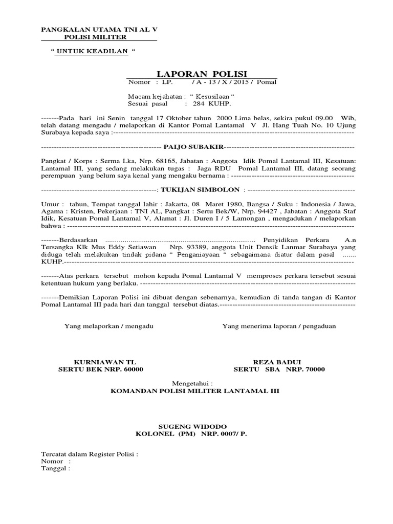 Contoh Laporan Polisi