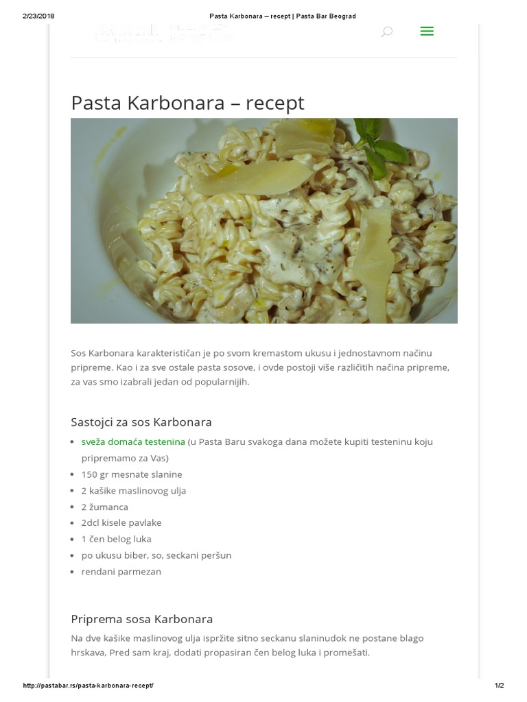 Pasta Karbonara Recept Pasta Bar Beograd PDF
