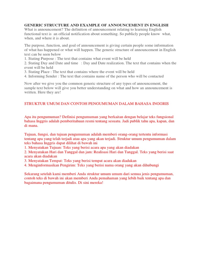Generic Structure and Example of Announcement in English Languages