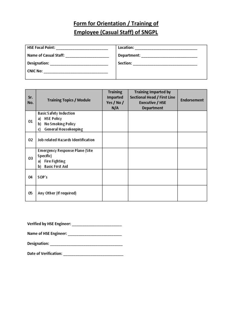 Form For Orientation / Training of Employee (Casual Staff) of SNGPL | PDF