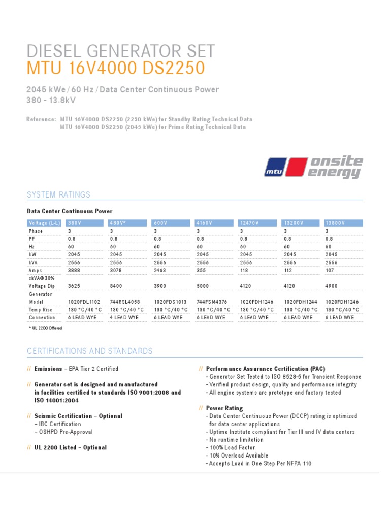 MTU 16V4000 DS2250: Diesel Generator Set | PDF | Engines | Data Center