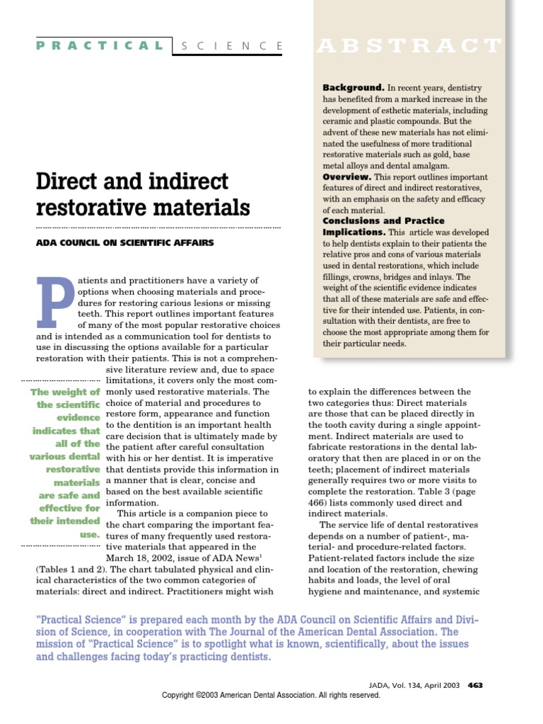 Direct and Indirect Restorative Materials PDF | PDF | Dental Composite ...