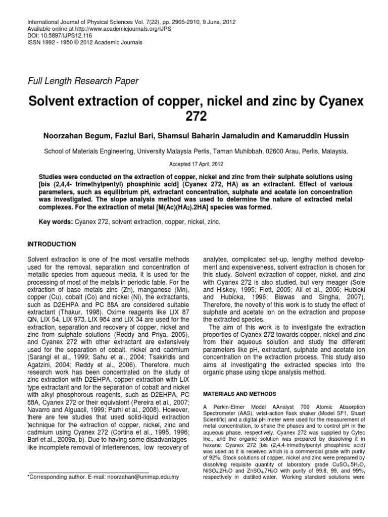 Solvent Extraction of Copper, Nickel and Zinc by Cyanex 272 Full