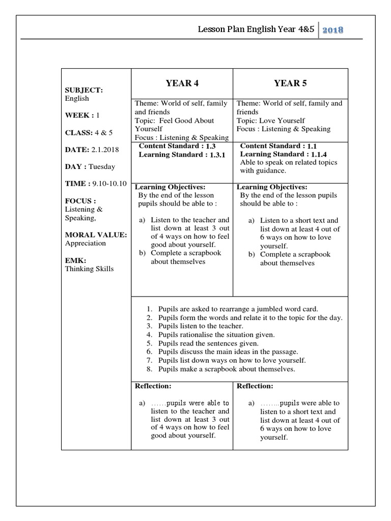 Year 4 Year 5: Lesson Plan English Year 4&5 | PDF | Lesson Plan ...