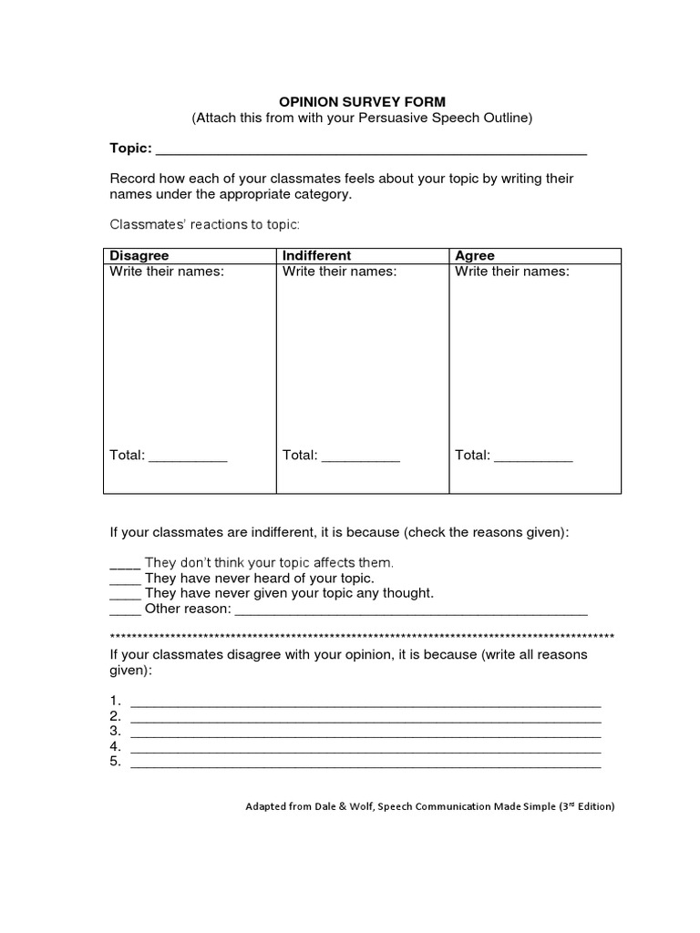 Opinion Survey Form Adapted From Dale & Wolf, Speech Communication