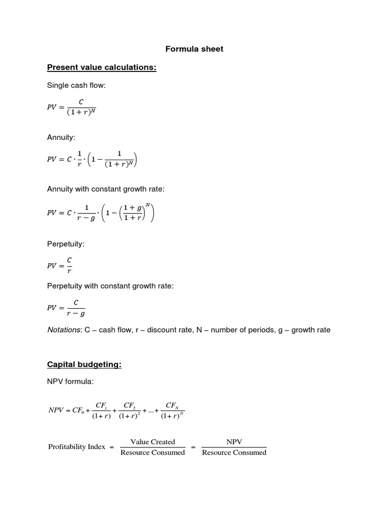 Formula Sheet Foundations of Finance PDF Financial Economics