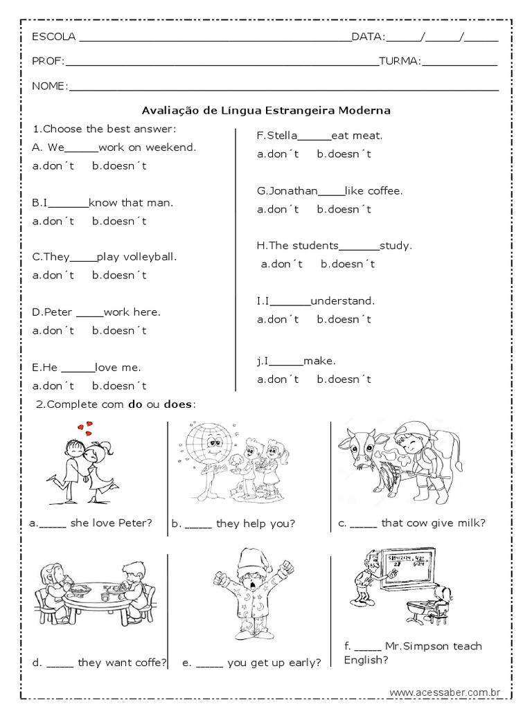 Avaliação Simple Present 6º a 8º Ano | PDF | Idiomas