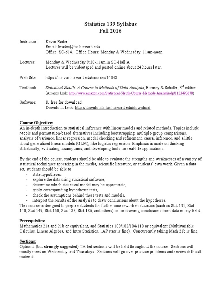 Statistics 139 Course Syllabus | PDF | Resampling (Statistics ...