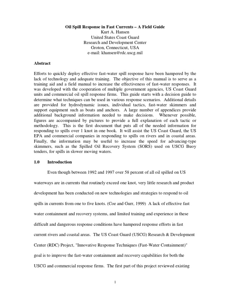 A Field Guide To Inland Oil Spill CleanUp Techniques PDF United