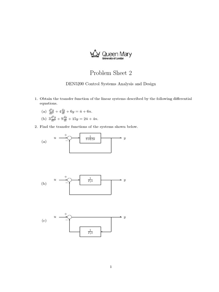 Problem Sheet 2: DEN5200 Control Systems Analysis and Design | PDF