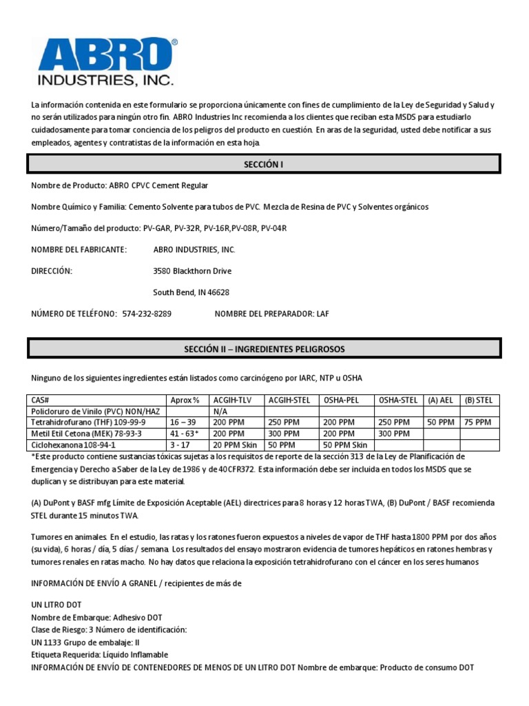 Msds Pegamento Pvc Rojo | Agua | Amoníaco