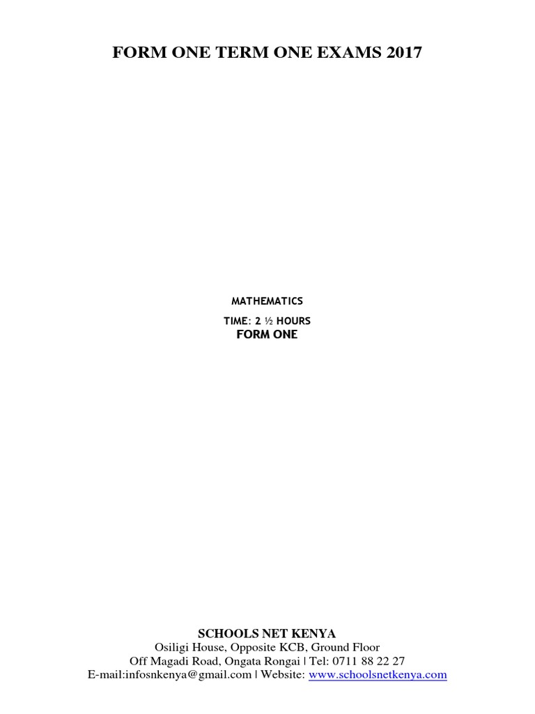 Form One Mathematics Exam Paper 2017 | PDF | Fraction (Mathematics ...