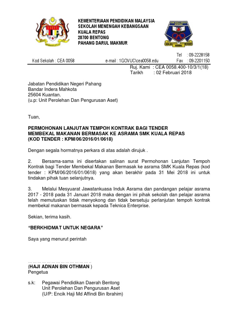 Surat Permohonan Lanjutan Tempoh Kontrak Pdf
