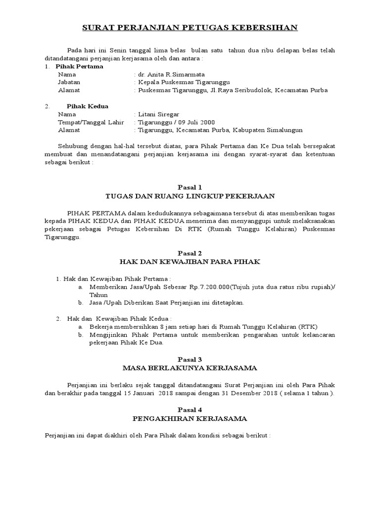 Surat Perjanjian Petugas Kebersihan