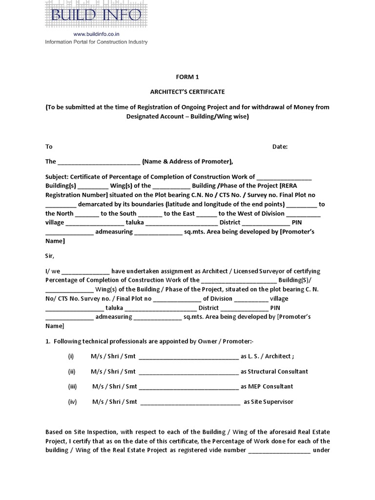 MAHA RERA FORM 1 Architect Certificate PDF Apartment Elevator