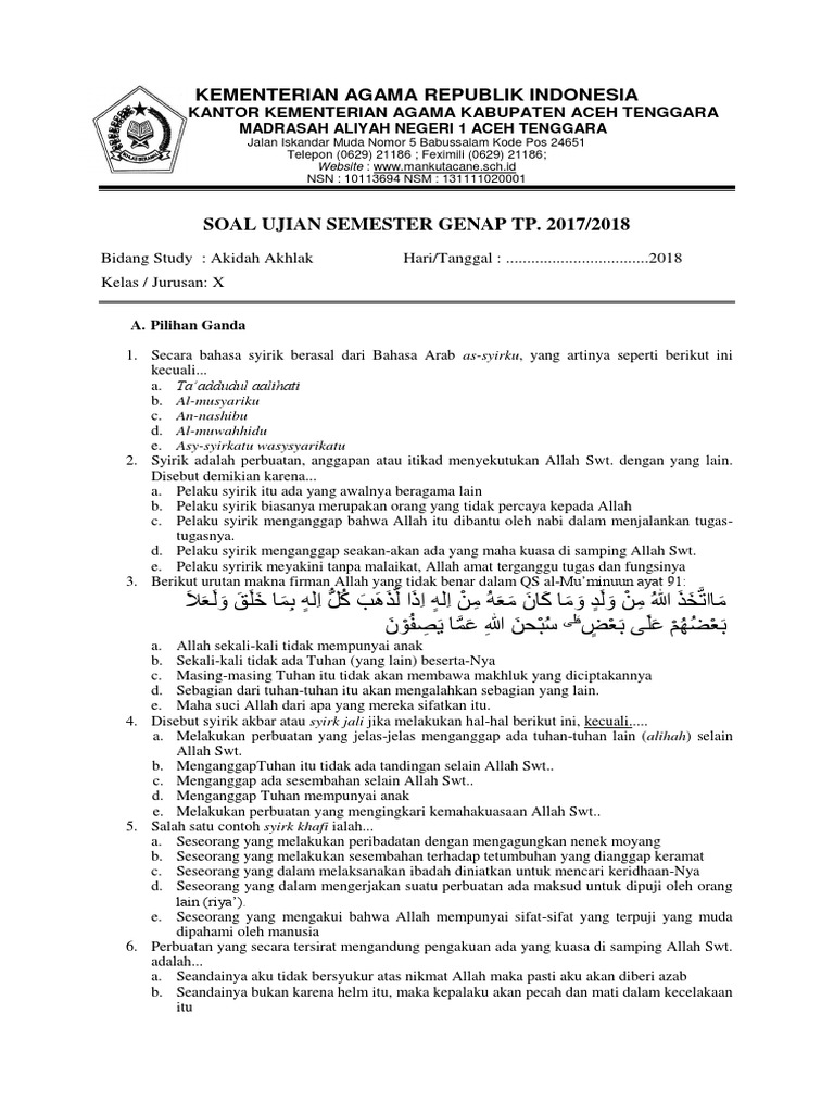 Soal Akidah Akhlak Kelas X Semester Genap 2018