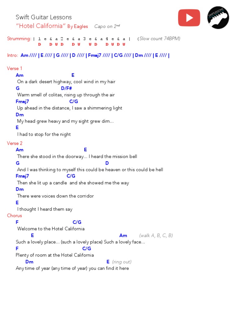 Eagles - Hotel California - Beginner Friendly Chord Sheet Pdf Song Structure Songs