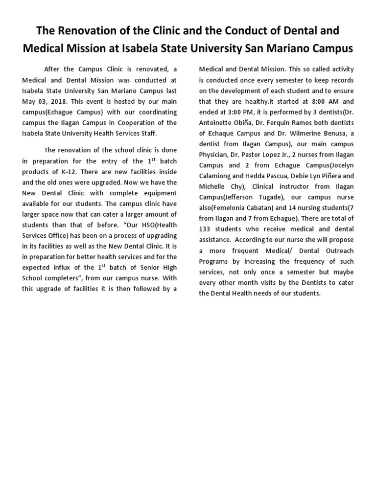 Clinic Renovation & Medical Mission | PDF | Nursing | Medical Specialties