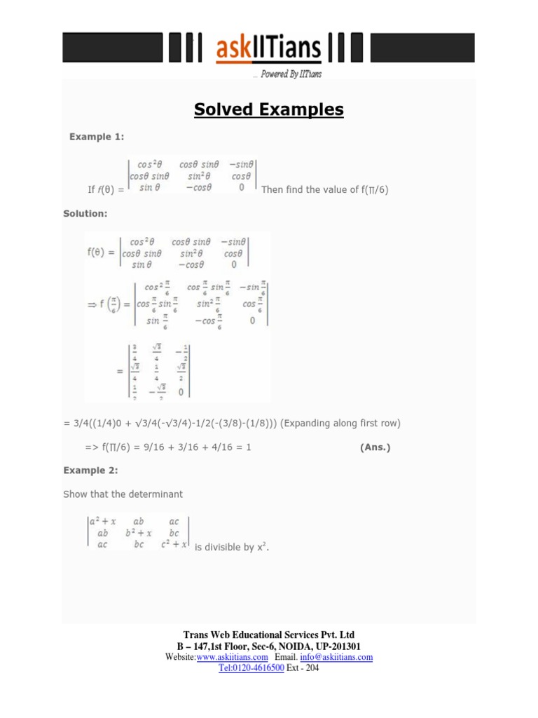 Matrics And Determinants Solved Examples Pdf Determinant Zero Of