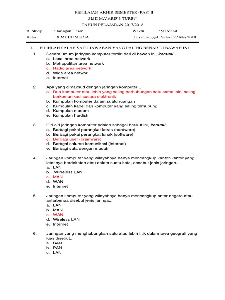 Soal Teknologi Wan Kelas 11 Tkj Dan Jawabannya