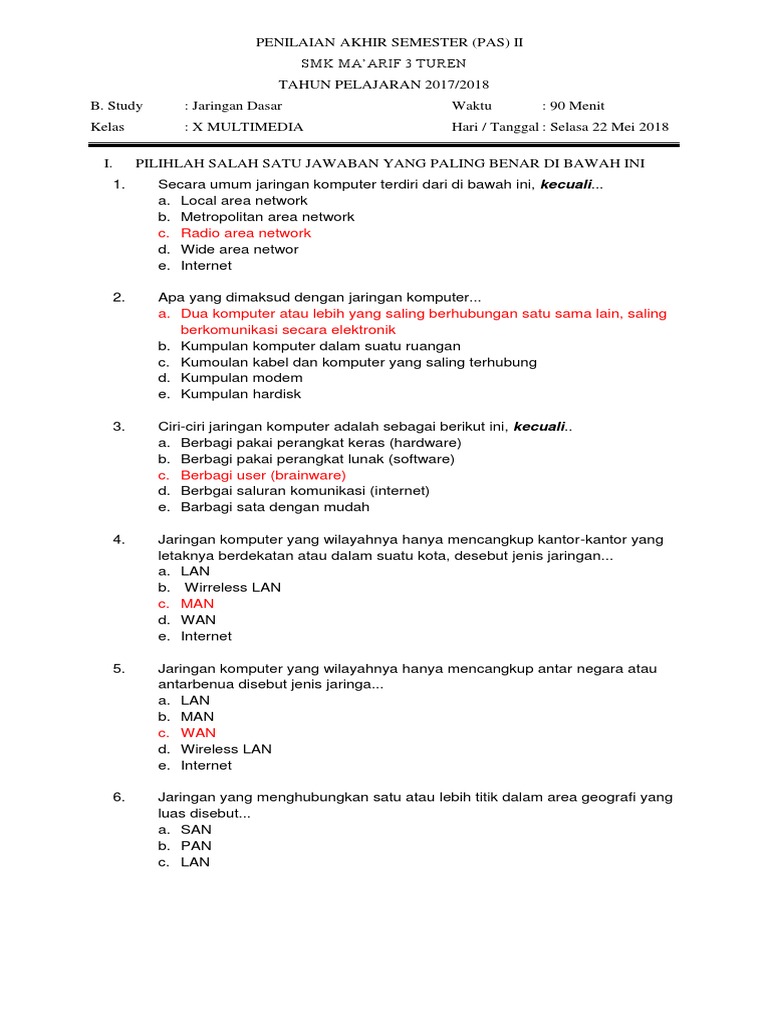 Soal Dan Jawaban Jaringan Dasar Kelas X