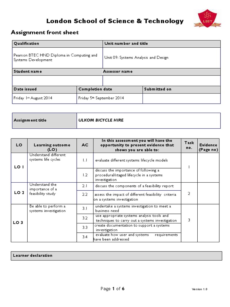London School of Science & Technology Assignment Front Sheet PDF