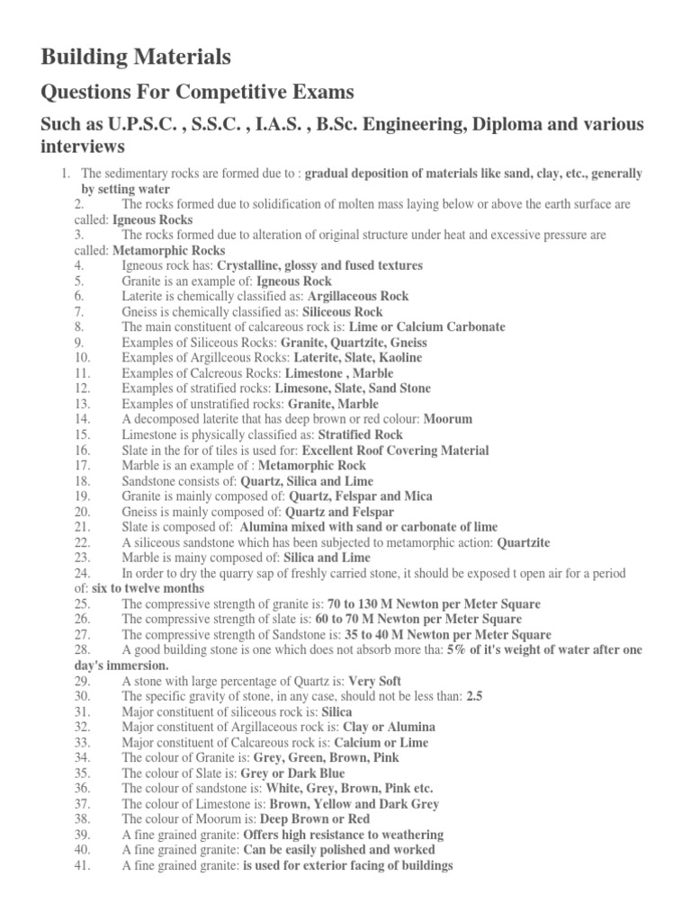 Building Materials Question PDF Rock (Geology) Brick