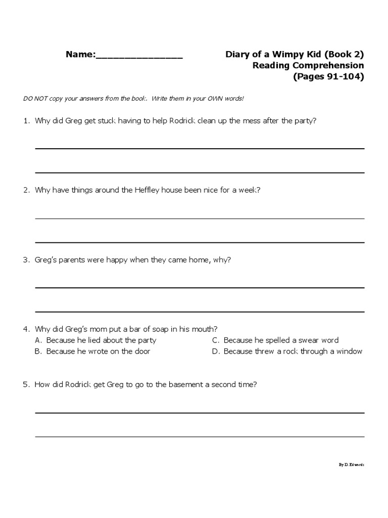 Diary of a Wimpy Kid Book 2 Quiz | PDF