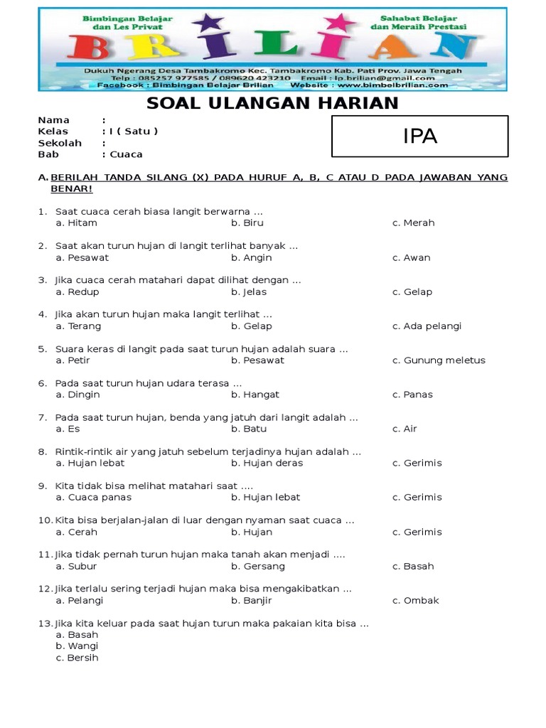 Soal Ipa Kelas 1 Sd Bab Cuaca Dan Kunci Jawaban