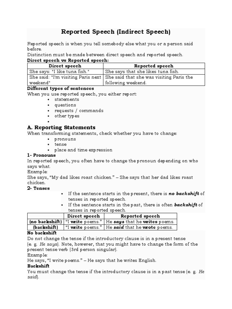Reported Speech (Indirect Speech) : A. Reporting Statements | PDF ...