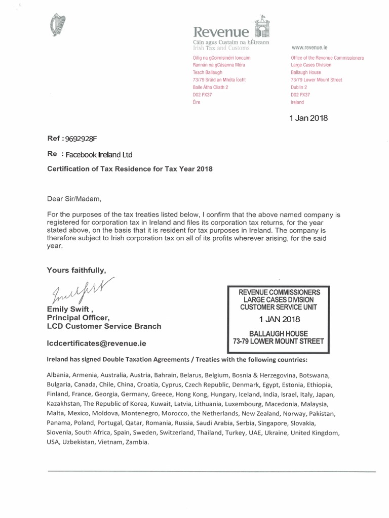 Facebook Ireland Ltd 2018 Certificate Of Tax Residence2 | Pdf