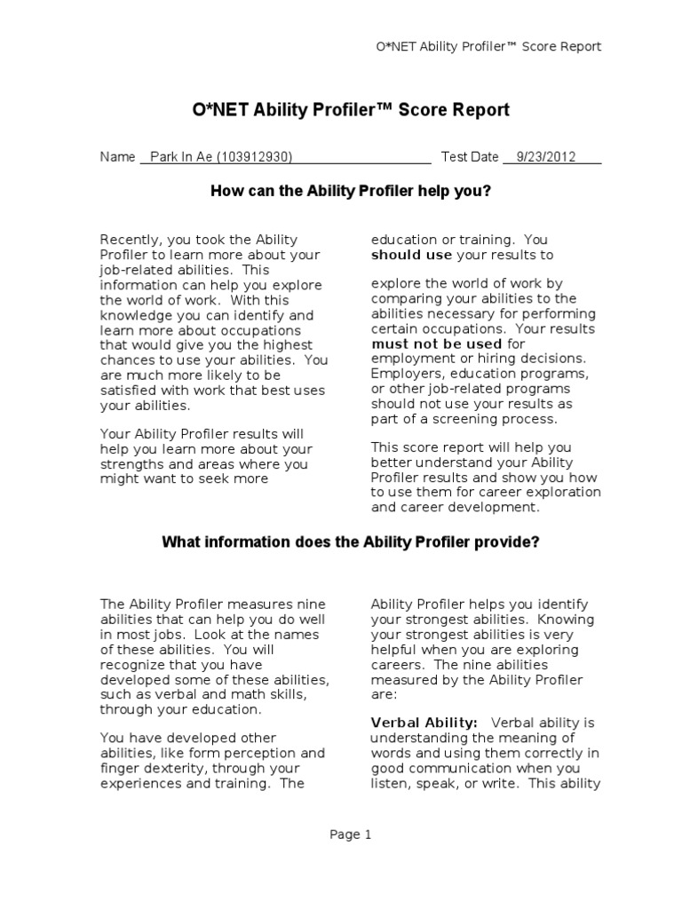 Ability Profiler Score Report | PDF | Vocational Education | Academic ...