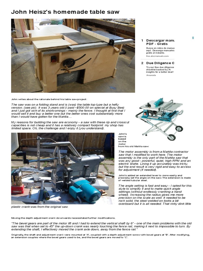 John Heiszs Homemade Table Saw Pdf Gear Manufactured Goods