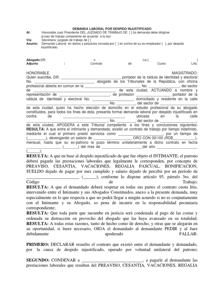 Demanda Laboral Por Despido Injustificado | PDF | Demanda judicial | Pagos